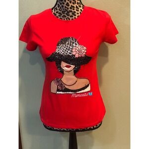 Sister Fashion Junior's Women’s Red Rhinestones Fashion Lady With Hat Shirt New